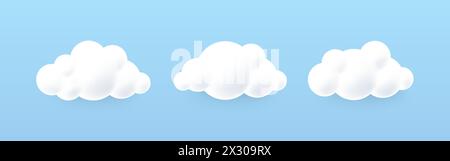 Nuages 3D blancs sur un fond bleu. Ciel nuageux moelleux et rond de dessin animé. Icône de nuage dans le ciel bleu. Vecteur Illustration de Vecteur