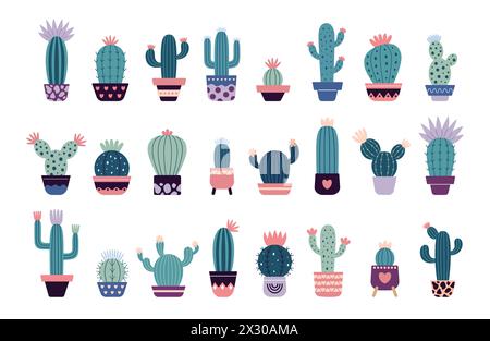 Grand ensemble de cactus en fleurs, succulentes dans des pots. Mignon cactus de dessin animé. Style griffon, design plat. Scandinave, style boho. Illustration vectorielle. Plante exotique et tropicale, décoration intérieure Illustration de Vecteur