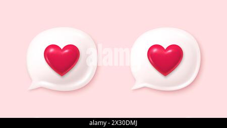 Bulles de discours d'amour avec des icônes de coeur. icônes d'amour de commentaire de chat 3d. J'aime la boîte de message. Bannière de dialogue de médias sociaux. Vecteur Illustration de Vecteur