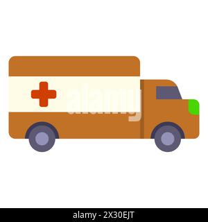 Voiture, phares, pneus, équipement spécialisé, couleurs chaudes, régime, croix, conception plate, image simple, style de dessin animé. Concept d'ambulance. Icône de ligne vectorielle Illustration de Vecteur