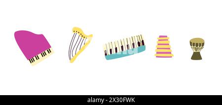 Ensemble vectoriel d'instruments de musique. Orchestre instruments classiques et ethniques. Illustration vectorielle de batterie, guitare, saxophone, trompette, violon, banjo Illustration de Vecteur