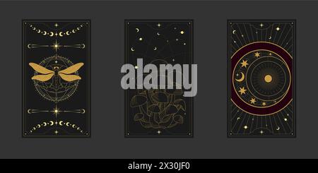 Vecteur mystique céleste ensemble a avec des champignons de contour doré, agarique de mouche, penny chignon, croissants et phases de lune. ETIQUETTES linéaires occultes noires brillantes avec un Illustration de Vecteur