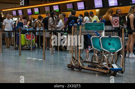 Kofferwagen stehen am Flughafen Zürich bereit. (Zürich, Schweiz, 16.07.2022) Banque D'Images