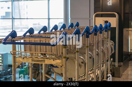 Kofferwagen stehen am Flughafen Zürich bereit. (Zürich, Schweiz, 16.07.2022) Banque D'Images