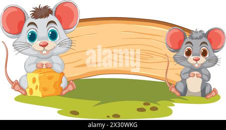 Deux souris mignonnes avec du fromage sous une bûche de bois Illustration de Vecteur