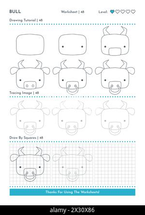 Comment dessiner Doodle animal vache, personnage de dessin animé étape par étape Tutoriel de dessin. Feuilles de travail des activités pour les enfants Illustration de Vecteur