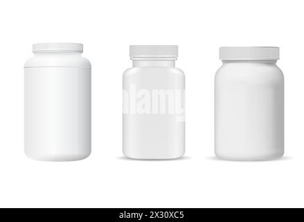 Emballage pour comprimés médicamenteux. Maquette de pot de supplément vitaminique en plastique blanc. Conteneur de produit pharmaceutique médicamenteux, illustration vectorielle réaliste. Antibiotique Illustration de Vecteur