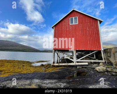 Vieille cabane rouge typique sur pilotis au bord de la mer en Suède scandinavie Banque D'Images