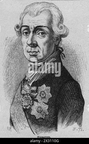 Suworov-Rymnikski, Alexander Vasilyevich, 24.11.1729 - 18.5,1800, général russe, gravure sur bois, INFORMATIONS-AUTORISATION-DROITS-SUPPLÉMENTAIRES-NON-DISPONIBLES Banque D'Images