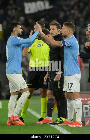 Roma, Italie. 23 avril 2024. Lazio's Taty Castellanos Lazio's Ciro immobile pendant le match de demi-finale de la Coppa Italia entre le Lazio et la Juventus au stade olympique de Rome, Italie mardi 23 avril 2024 - Sport - Football (photo de Fabrizio Corradetti/LaPresse) crédit : LaPresse/Alamy Live News Banque D'Images