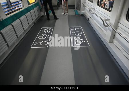 Pictogramme auf Abstellfläche für Kinderwagen, Rollstuhl und Fahrräder BEI der Vorstellung der neuen S-Bahnen von Go.Rheinland, Verkehrsverbund Rhein-Ruhr VRR und DB Regio NRW. SIE machen die S-Bahn Köln bereit für die Zukunft im S-Bahn-Netz Köln und setzen neue Maßstäbe *** pictogramme sur les places de stationnement pour voitures d'enfants, fauteuils roulants et vélos lors de la présentation des nouveaux trains S-Bahn de Go Rheinland, Verkehrsverbund Rhein Ruhr VRR et DB Regio NRW préparent le S-Bahn de Cologne pour l'avenir dans le réseau S-Bahn de Cologne et établissent de nouvelles normes Banque D'Images