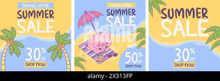 Soldes d'été cartes carrées avec cochon souriant bronzer sous parasol et palmiers. Personnage animal de dessin animé relaxant drôle. Cadeau isolé Illustration de Vecteur