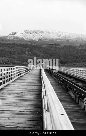 La ligne de la côte cambrienne à Barmouth Bridge (Pont Abermaw) traversant l'estuaire Afon Mawddach avec la montagne enneigée en arrière-plan, pays de Galles UK. Ma Banque D'Images