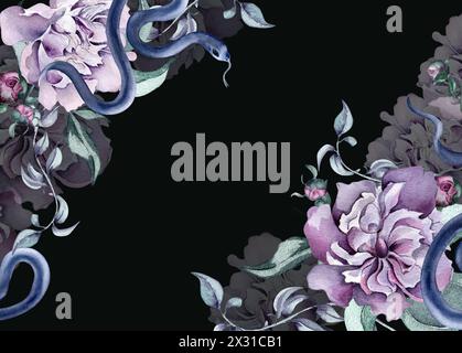 Bordure aquarelle de fleurs roses et serpent isolé sur noir. Illustration florale gothique dessinée à la main. Art botanique avec pivoine violet foncé, feuilles. nous Banque D'Images