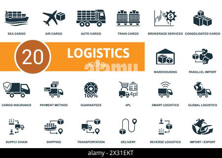 Mise en place de la logistique. Icônes créatives. Monochrome. Illustration de Vecteur