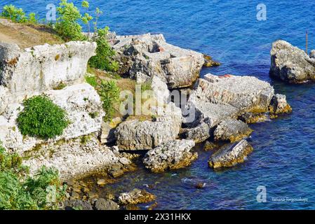 Vue de dessus des ruines de la forteresse citadelle située dans les eaux de la mer Adriatique (Herceg Novi, Monténégro) Banque D'Images