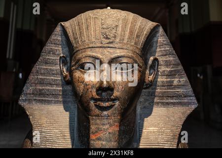 Le Caire, Égypte - 14 novembre 2023 : le Sphinx en granit d'Hatshepsout est exposé au Musée égyptien du Caire, capitale égyptienne Banque D'Images