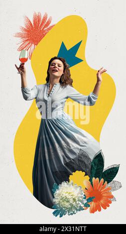 Affiche. Femme joyeuse en robe vintage, avec un verre de champagne sur fond avec des formes abstraites et des fleurs aux couleurs vives. Effet texturé. Banque D'Images