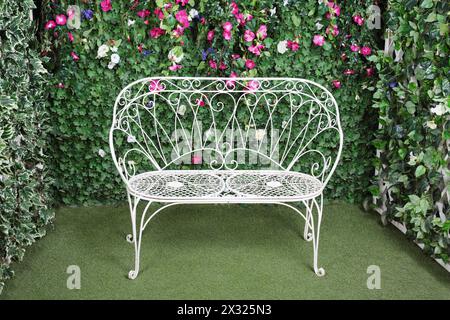 Beau banc rétro près d'une haie verdoyante avec de petites fleurs. Banque D'Images