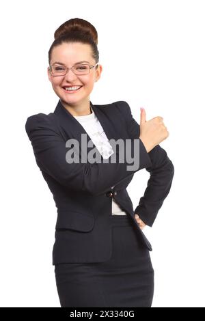 Jeune femme heureuse en costume d'affaires noir tenant le pouce vers le haut Banque D'Images