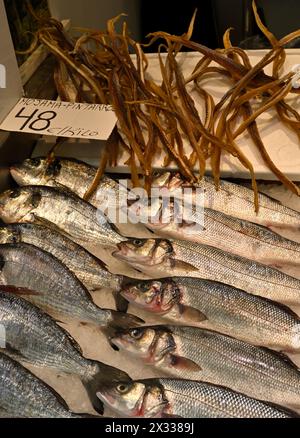 Poisson frais, fruits de mer à vendre sur le stand du marché Banque D'Images