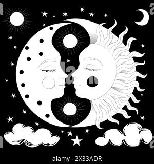 Un dessin vectoriel simple mais mystérieux en noir et blanc représentant le soleil et la lune, dégageant un charme fantaisiste avec des détails complexes Illustration de Vecteur