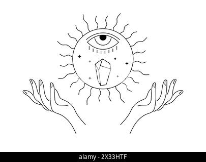 Spiritualité cristal céleste et oeil en été solstice soleil lévitent sur les mains de la femme. Symbole linéaire de vacances équinoxe mystique. Tatouage ésotérique ou esquisse de contour de logo. Signe vectoriel d'été de style boho Illustration de Vecteur