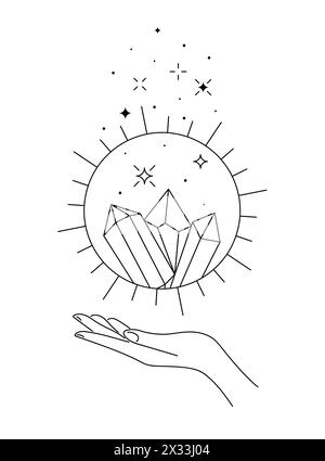 Spiritualité cristal céleste dans le signe du soleil solstice d'été léviter sur la main de la femme. Symbole linéaire de vacances équinoxe mystique. Tatouage ésotérique ou esquisse de contour de logo. Logotype vectoriel Summertime de style boho Illustration de Vecteur