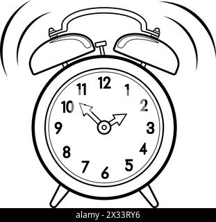 horloge alam analogique de dessin animé noir et blanc simple avec visage blanc et vecteur de livre de coloriage de contour de ligne de 2 cloches isolé sur fond blanc Illustration de Vecteur