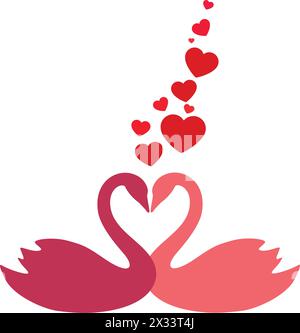 classique élégant couple de cygnes jumeaux silhouette formes formant coeur d'amour de valentines avec vecteur de coeur rouge flottant montant isolé sur backgr transparent Illustration de Vecteur