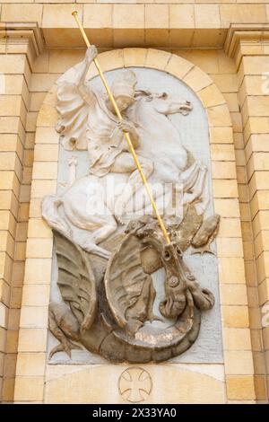 Relif de Saint George tuant le Dragon, Old Cairo Coptic Greek Orthodoxe Church of St George, le Caire, Egypte Banque D'Images