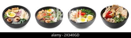 Bols de délicieux ramen avec différents ingrédients isolés sur blanc, mis. Soupe de nouilles Banque D'Images