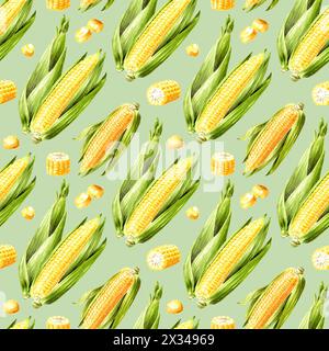 Modèle sans couture de maïs doux frais, illustration d'aquarelle dessinée à la main Banque D'Images