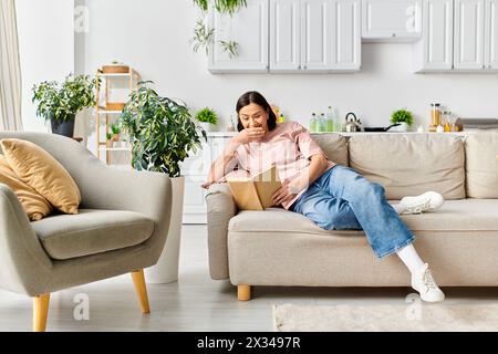 Une femme mature dans des vêtements de maison confortables est assise sur un canapé, profondément absorbée dans la lecture d'un livre. Banque D'Images