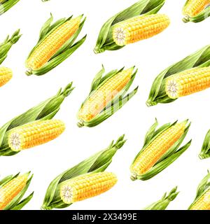 Modèle sans couture de maïs doux frais. Illustration d'aquarelle dessinée à la main, isolée sur fond blanc Banque D'Images