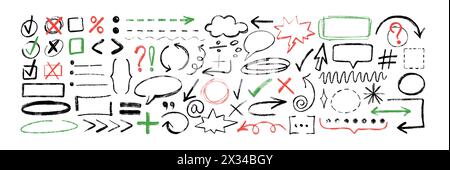 Eléments de conception de texture de crayon de dessin à la main. Crayon à craie esquisse ensemble de flèche, bulle de discours, soulignement, balise de hachage, signes de ponctuation. Vecteur doodle fusain croix, lignes, coches, boîtes de dialogue. Illustration de Vecteur