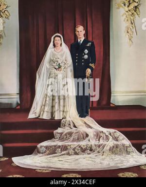 Photographie de la princesse Elizabeth et Philip, duc d'Édimbourg, peu après leur mariage en 1947. Leur mariage fut un phare d'espoir après la seconde Guerre mondiale, préparant le terrain pour la naissance du futur roi Charles un an plus tard et marquant le début du voyage d'Elizabeth pour devenir le monarque ayant régné le plus longtemps dans l'histoire britannique. Banque D'Images