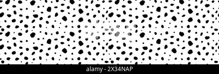 Motif horizontal animal dalmatien sans couture. Illustration vectorielle avec des taches noires d'encre aléatoire sur fond blanc. Texture animale de fourrure tachetée de chien Illustration de Vecteur