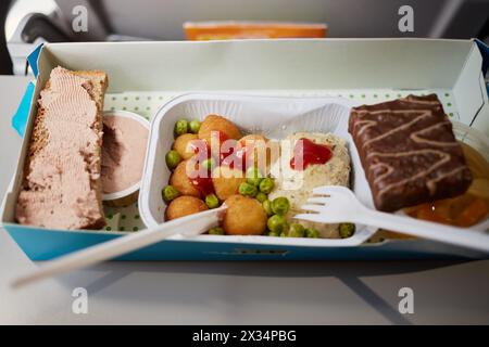 Portion de nourriture pour un passager dans une boîte en carton à bord de l'avion. Banque D'Images