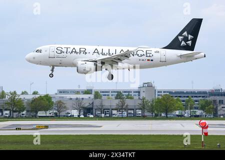 Ein Airbus A319-100, A319-114 der Fluglinie, Airline, Fluggesellschaft Lufthansa City Line mit dem Kennzeichen, der Registrierung d-AILT und der Seriennummer, MSN 738 und dem Taufnamen Straubing BEI der Landung auf dem Flughafen München, im Landeanflug auf den Airport München, Sonderlackierung Star Alliance, Special Livery, 22.04.2024, München Deutschland Wirtschaft, Reisen, Flugzeuge am Flughafen München *** un Airbus A319 100, A319 114 de la compagnie aérienne, compagnie aérienne, compagnie aérienne Lufthansa City Line avec le numéro d'immatriculation, l'immatriculation d AILT et le numéro de série, MSN 738 et le baptême Banque D'Images