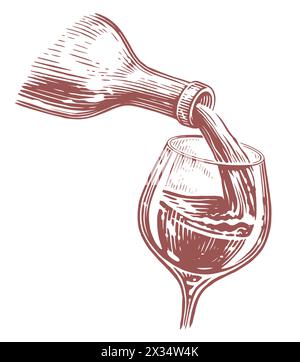 Vin coulant de la bouteille dans le verre, verre de vin. Illustration vectorielle d'esquisse dessinée à la main Illustration de Vecteur