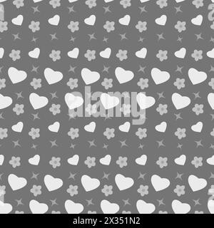 Modèle sans couture avec des coeurs et des fleurs sur fond gris Illustration de Vecteur