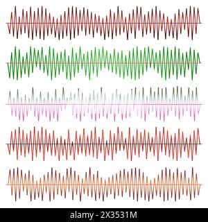 Ensemble de vecteurs d'ondes sonores. EGALISEUR audio. Ondes sonores et audio isolées sur fond noir. Illustration de Vecteur