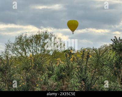 Milford Common, Godalming. 24 avril 2024. Une fin de journée nuageuse pour les Home Counties avec des sorts ensoleillés isolés. Une montgolfière au-dessus de Milford Common près de Godalming dans le Surrey. Crédit : james jagger/Alamy Live News Banque D'Images