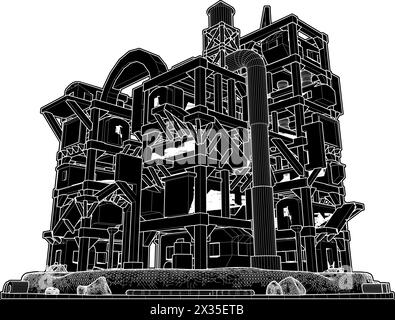 Vecteur de bâtiment futuriste apocalyptique abstrait. Illustration de structure de construction isolée sur fond blanc. Illustration de Vecteur