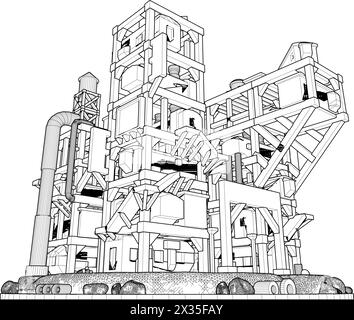 Vecteur de bâtiment futuriste apocalyptique abstrait. Illustration de structure de construction isolée sur fond blanc. Illustration de Vecteur