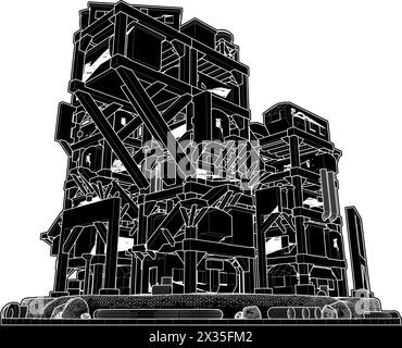 Vecteur de bâtiment futuriste apocalyptique abstrait. Illustration de structure de construction isolée sur fond blanc. Concept - architecture moderne Illustration de Vecteur