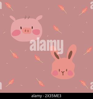 Mignon Pig et Bunny visages sur fond terreux Illustration de Vecteur