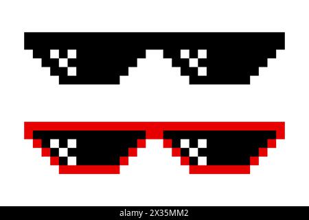 Ensemble de lunettes de soleil pixelisées. Lunettes Pixel Boss, style 8 bits. Meme Game 8-bit lunettes de soleil modèle de conception, isolé Illustration de Vecteur