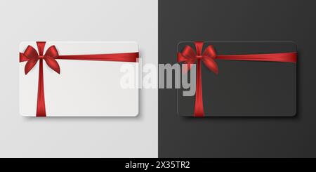 Vector 3D réaliste carte-cadeau vierge et modèle de certificat-cadeau avec ruban rouge en soie et noeud en satin. Carte de vœux ou de vente, isolée. Anniversaire Illustration de Vecteur